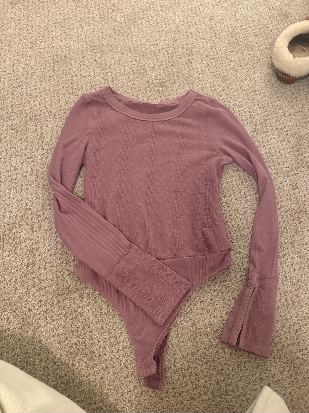 Free People Mauve Ribbed Lace-Trim Long Sleeve Bodysuit